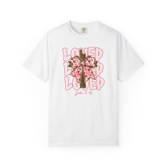 Loved Cross John 3:16 Christian T‑Shirt — Pink Ribbon Cross Graphic “Loved” on Comfort Color Shirt