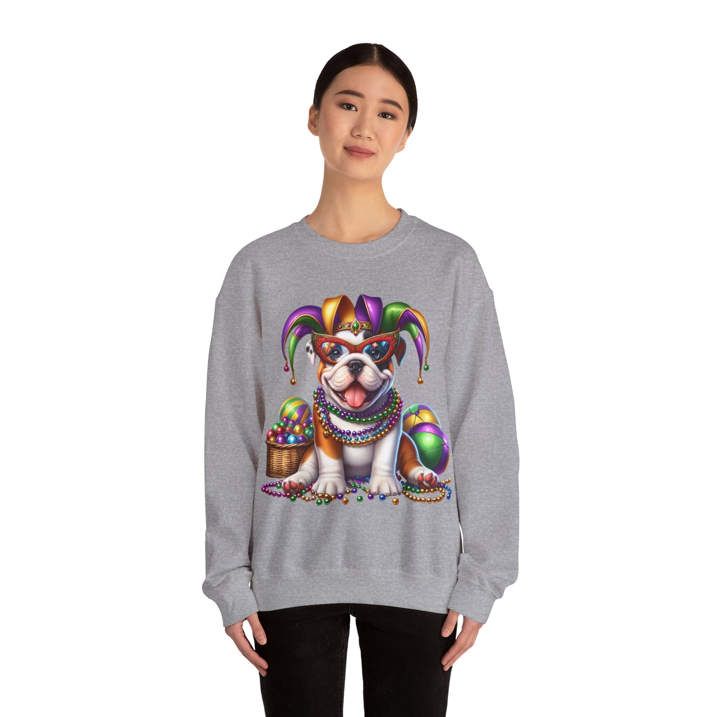 Mardi Gras Bulldog Sweatshirt — Jester Dog with Beads & Masks on a Gildan sweatshirt