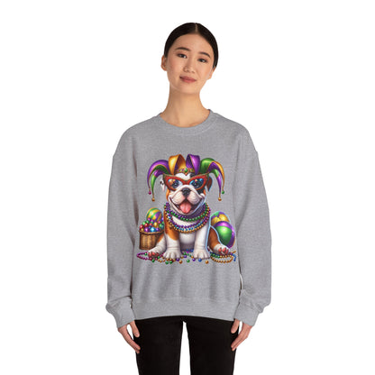 Mardi Gras Bulldog Sweatshirt — Jester Dog with Beads & Masks on a Gildan sweatshirt