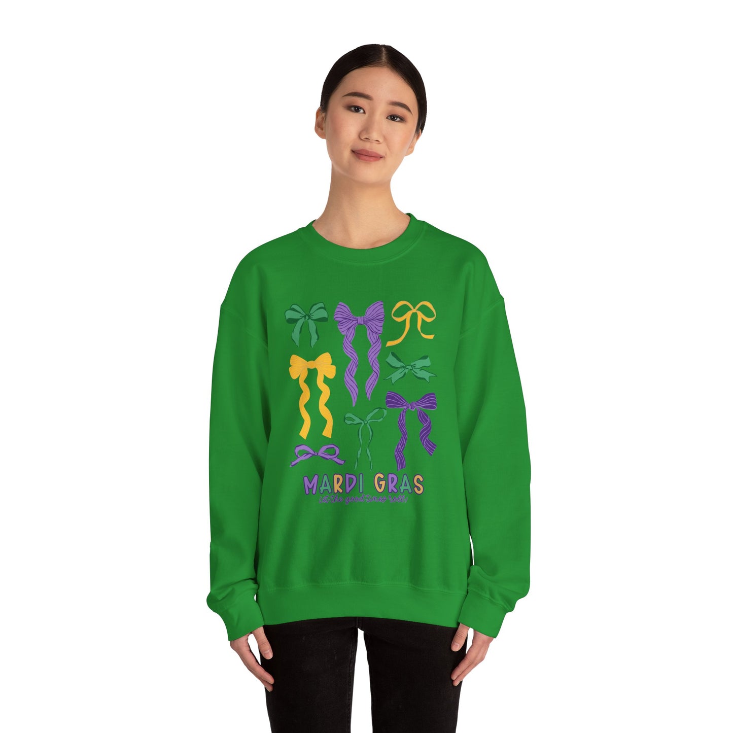 Mardi Gras Croquette Bow on a Gildan Sweatshirt