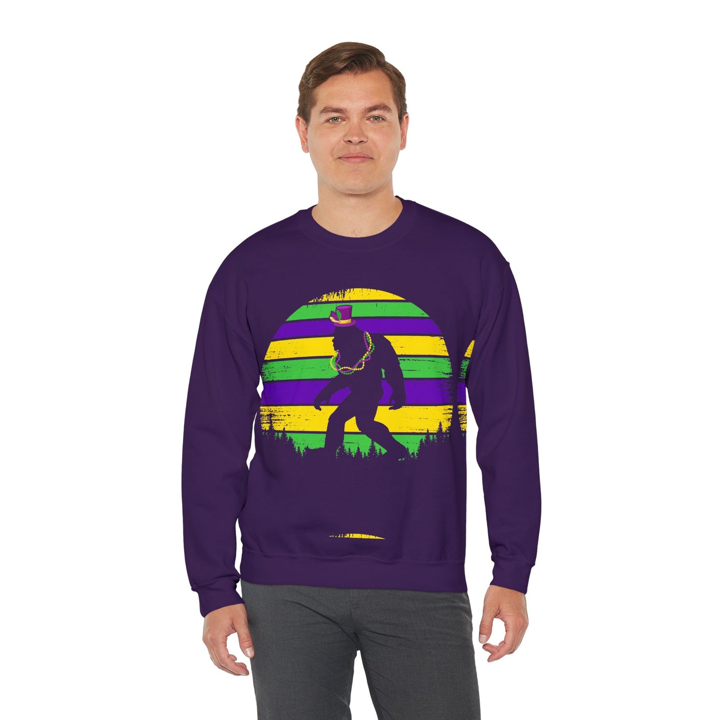 Mardi Gras Bigfoot Sasquatch on a Gildan Sweatshirt
