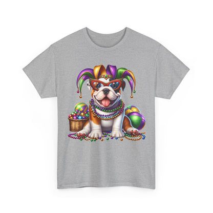 Mardi Gras Bulldog T-Shirt — Jester Dog with Beads & Masks on a Gildan Shirt