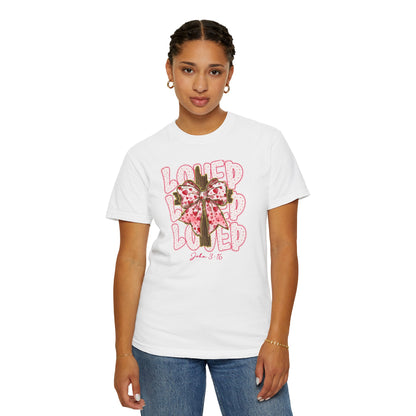Loved Cross John 3:16 Christian T‑Shirt — Pink Ribbon Cross Graphic “Loved” on Comfort Color Shirt