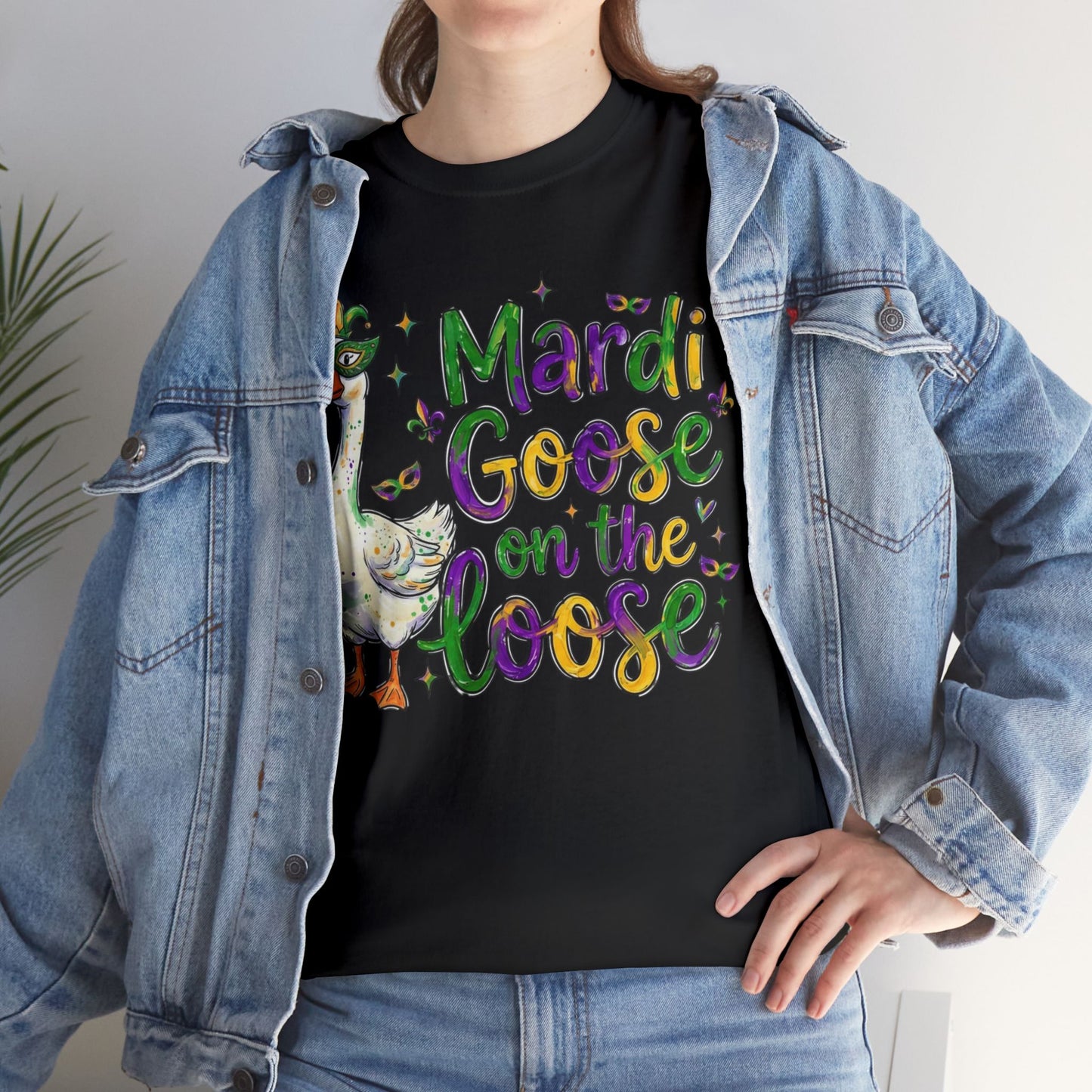 Mardi Gras Goose on the Loose Design on a Gildan T-Shirt