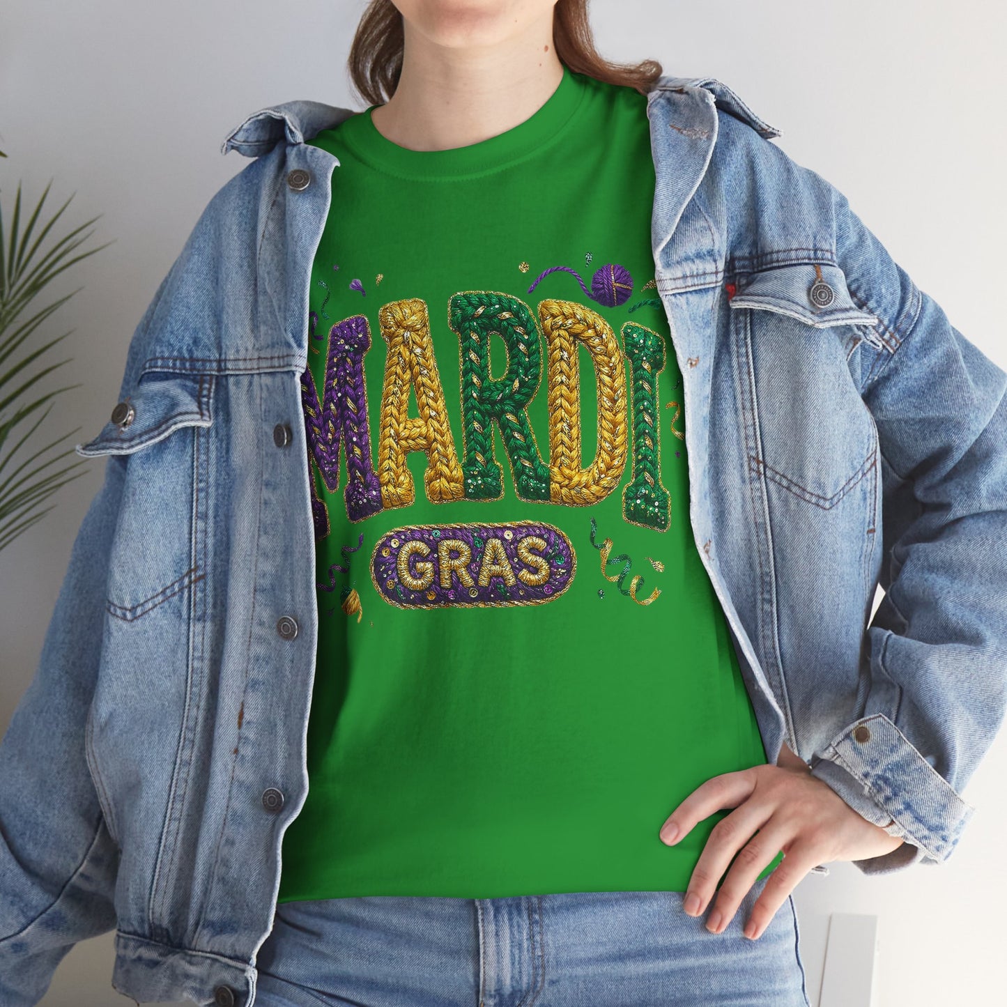 Mardi Gras Faux Yarn Design on a Gildan T-Shirt