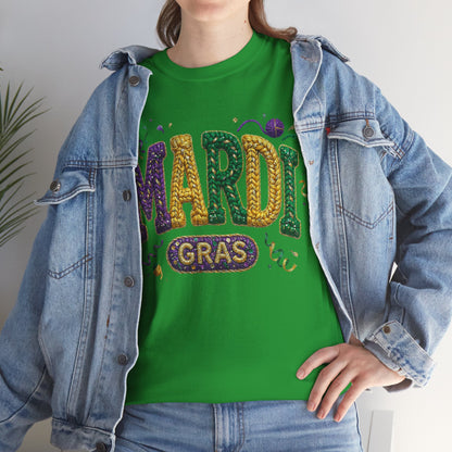 Mardi Gras Faux Yarn Design on a Gildan T-Shirt