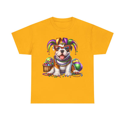 Mardi Gras Bulldog T-Shirt — Jester Dog with Beads & Masks on a Gildan Shirt
