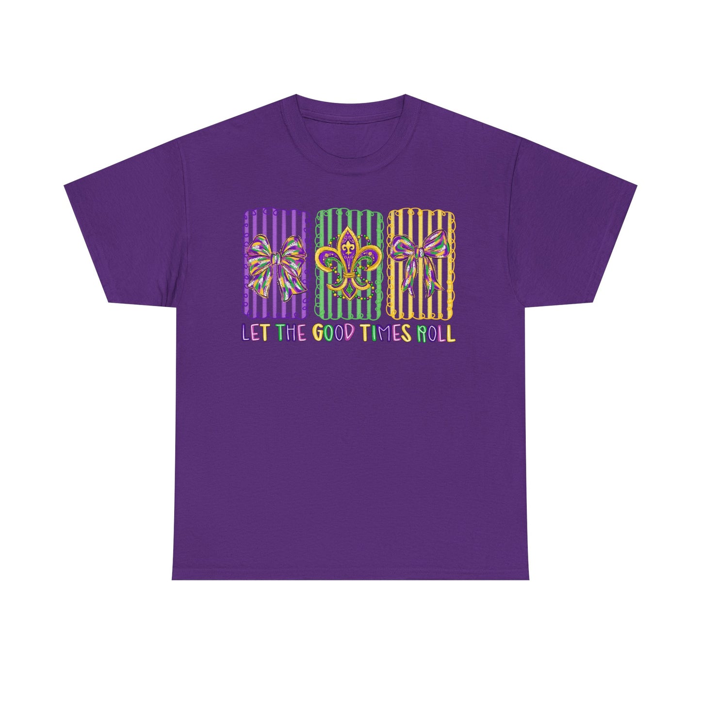 Mardi Gras Gildan T-Shirt – 'Let The Good Times Roll' Mask & Beads Design