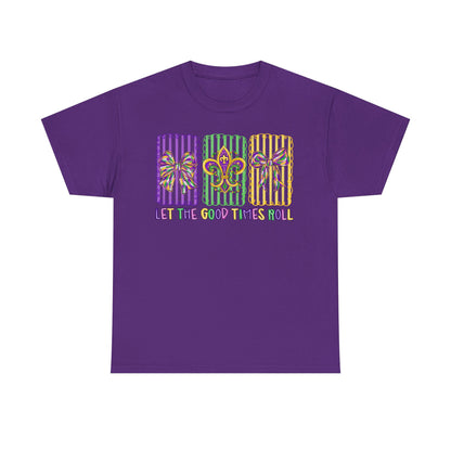 Mardi Gras Gildan T-Shirt – 'Let The Good Times Roll' Mask & Beads Design