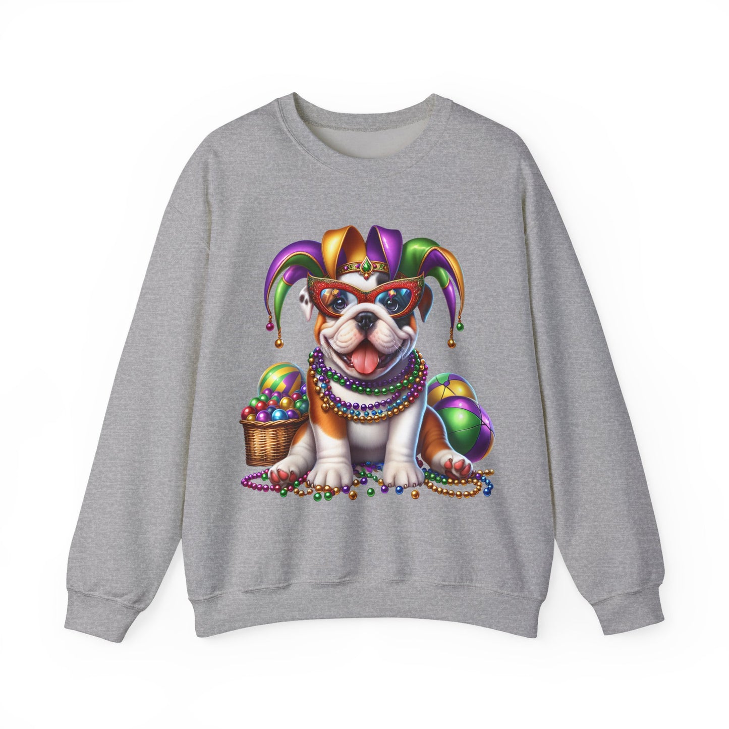 Mardi Gras Bulldog Sweatshirt — Jester Dog with Beads & Masks on a Gildan sweatshirt