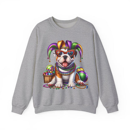 Mardi Gras Bulldog Sweatshirt — Jester Dog with Beads & Masks on a Gildan sweatshirt