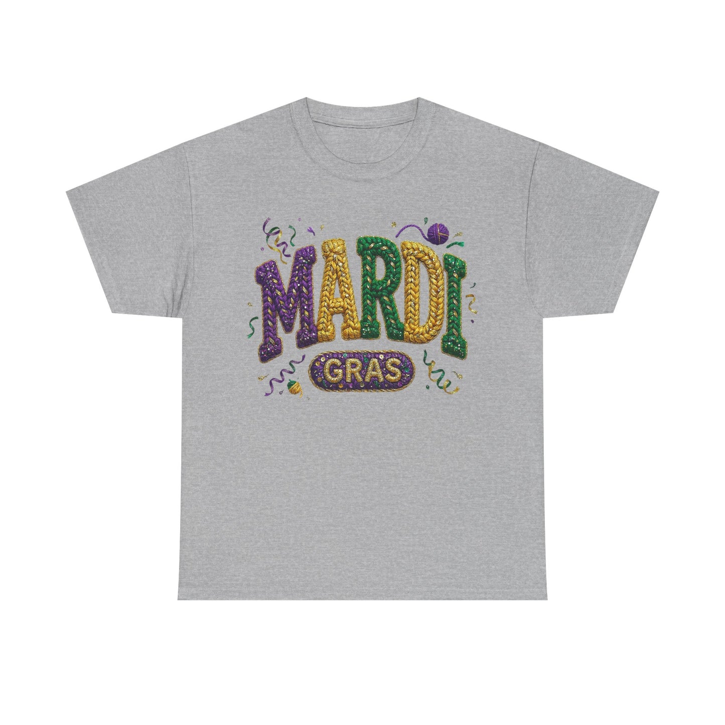 Mardi Gras Faux Yarn Design on a Gildan T-Shirt