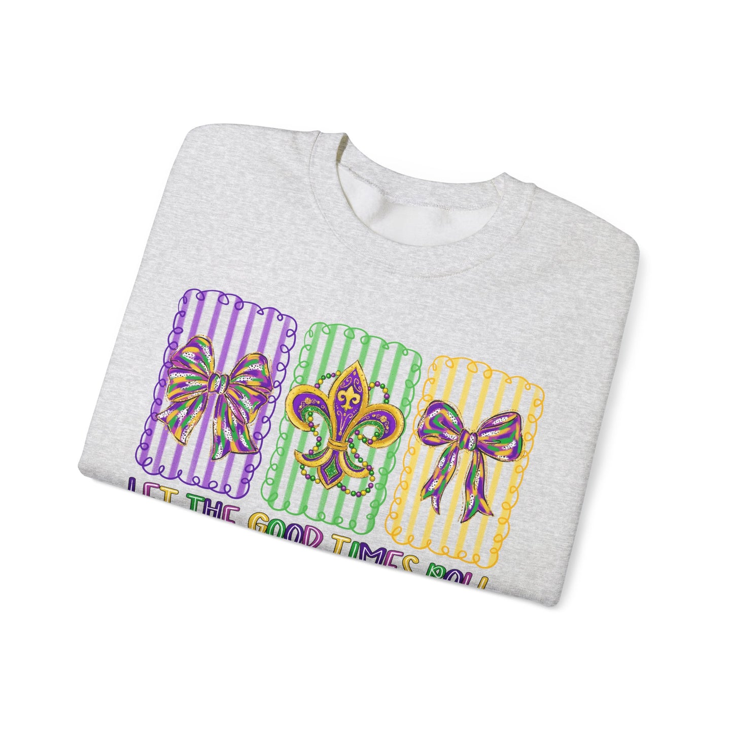 Mardi Gras Gildan Crewneck Sweatshirt – 'Let The Good Times Roll' Mask & Beads Design