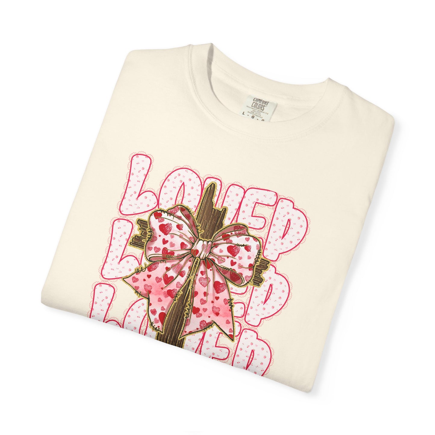 Loved Cross John 3:16 Christian T‑Shirt — Pink Ribbon Cross Graphic “Loved” on Comfort Color Shirt