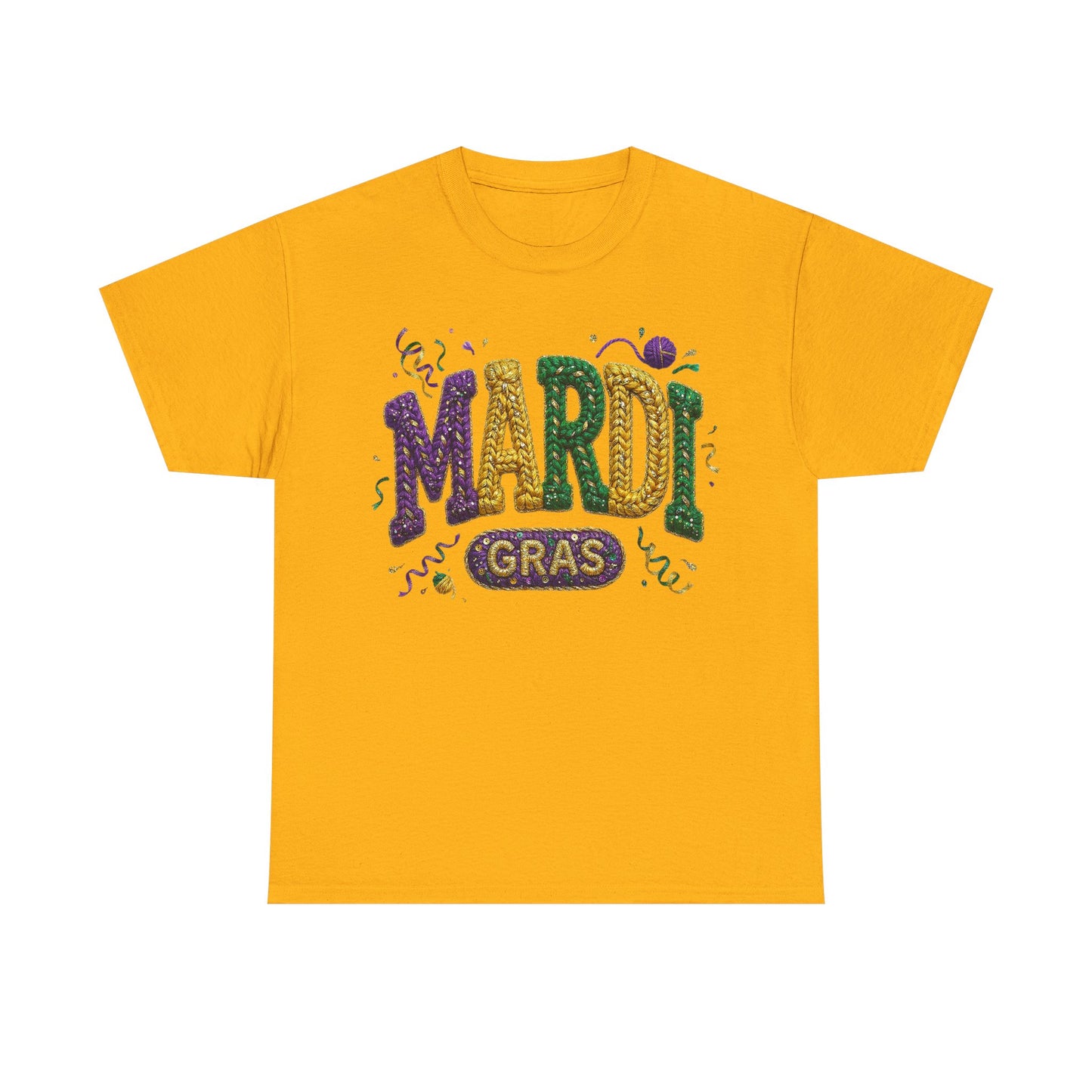 Mardi Gras Faux Yarn Design on a Gildan T-Shirt