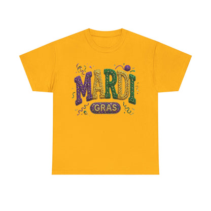 Mardi Gras Faux Yarn Design on a Gildan T-Shirt
