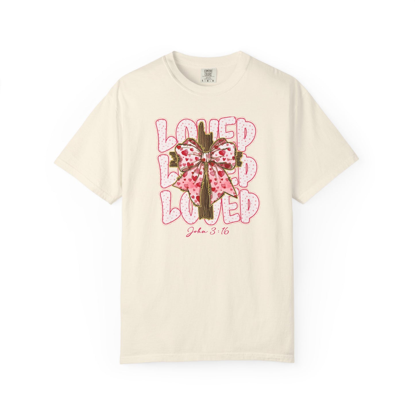 Loved Cross John 3:16 Christian T‑Shirt — Pink Ribbon Cross Graphic “Loved” on Comfort Color Shirt