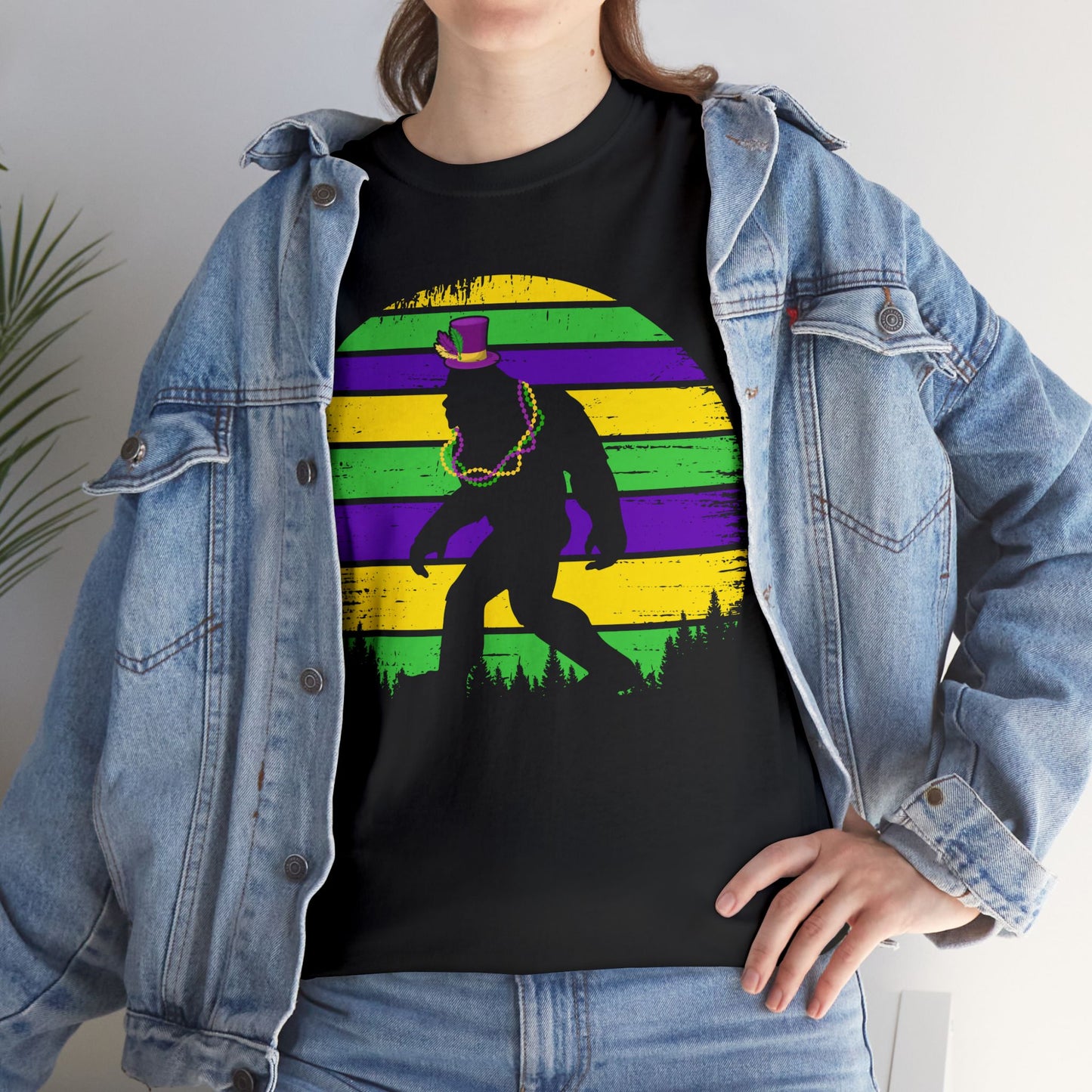 Mardi Gras Bigfoot Sasquatch on a Gildan T-Shirt