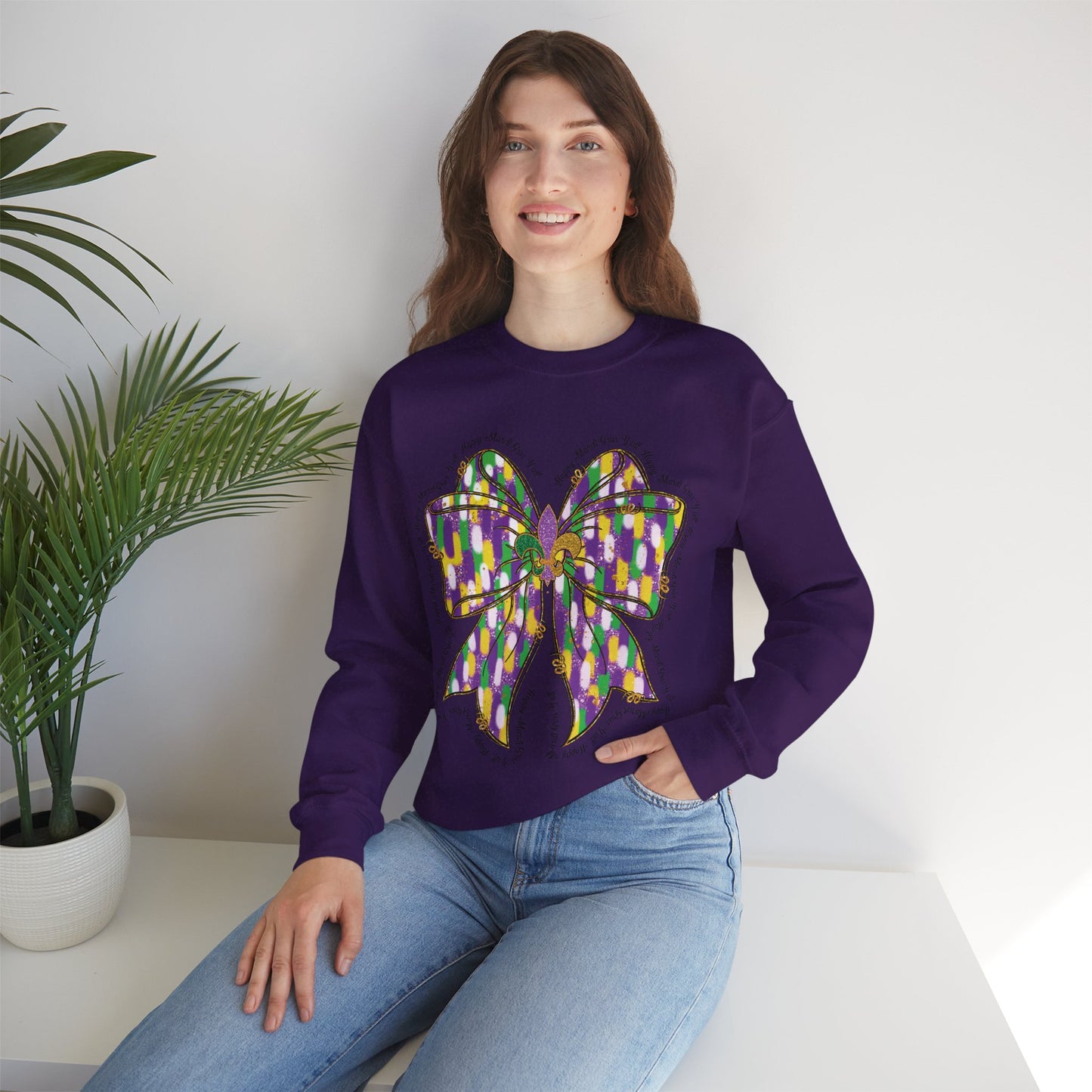 Mardi Gras Croquette Bow on a Gildan Sweatshirt