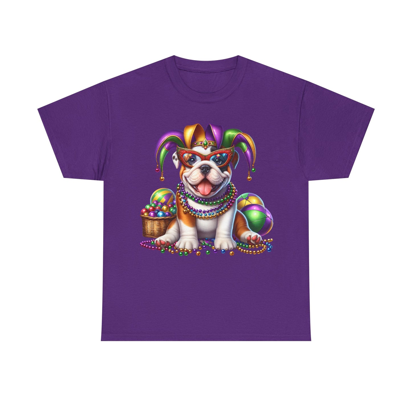 Mardi Gras Bulldog T-Shirt — Jester Dog with Beads & Masks on a Gildan Shirt