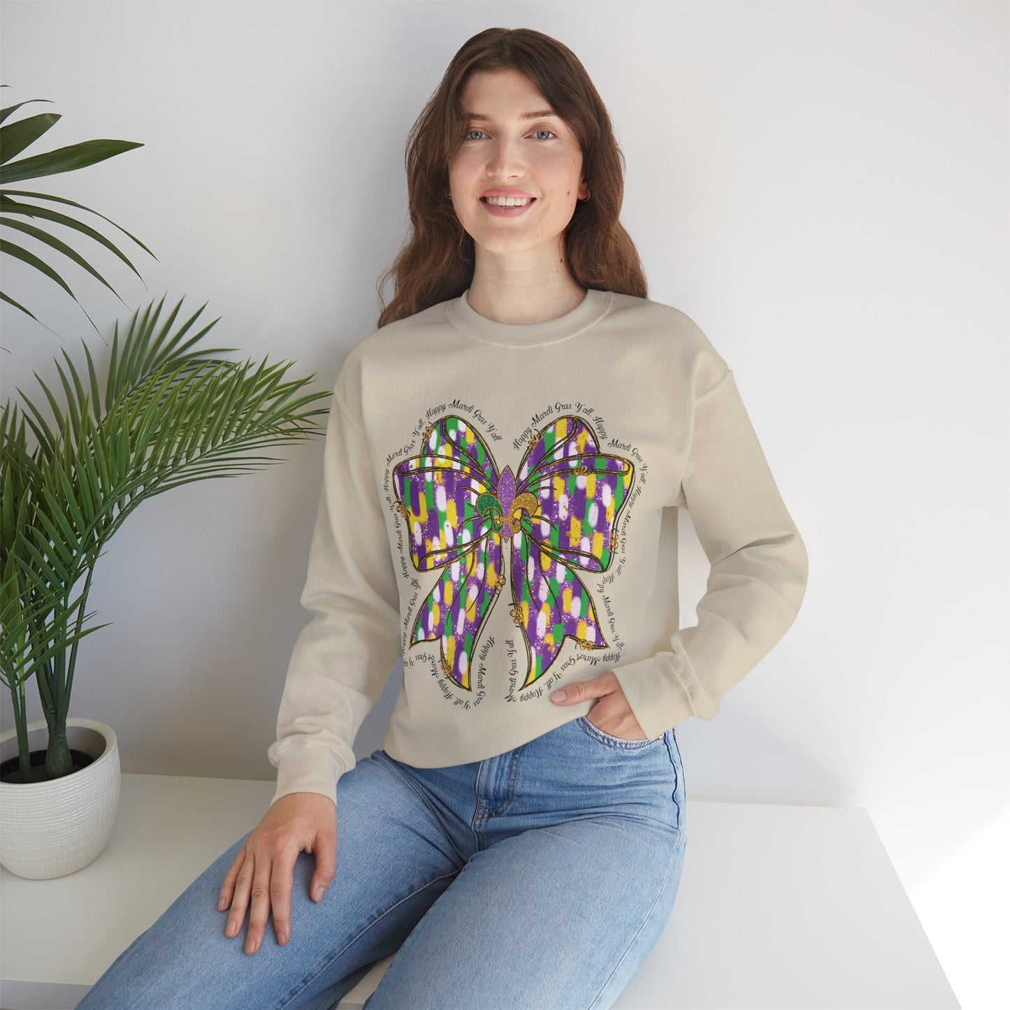 Mardi Gras Croquette Bow on a Gildan Sweatshirt
