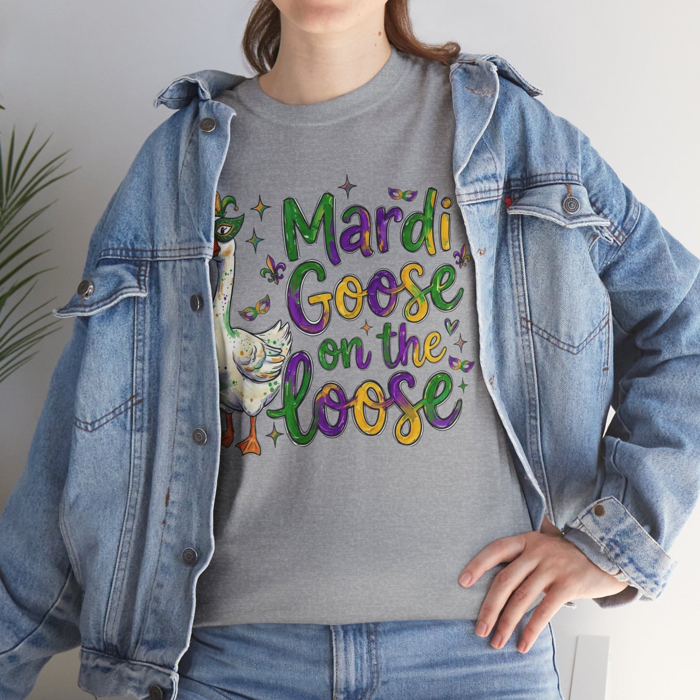 Mardi Gras Goose on the Loose Design on a Gildan T-Shirt