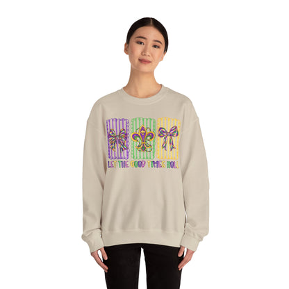 Mardi Gras Gildan Crewneck Sweatshirt – 'Let The Good Times Roll' Mask & Beads Design