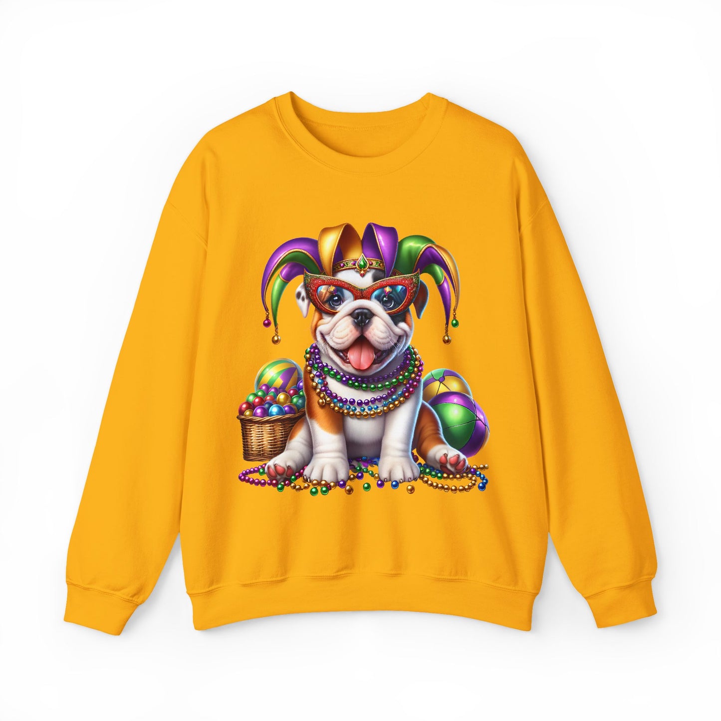Mardi Gras Bulldog Sweatshirt — Jester Dog with Beads & Masks on a Gildan sweatshirt