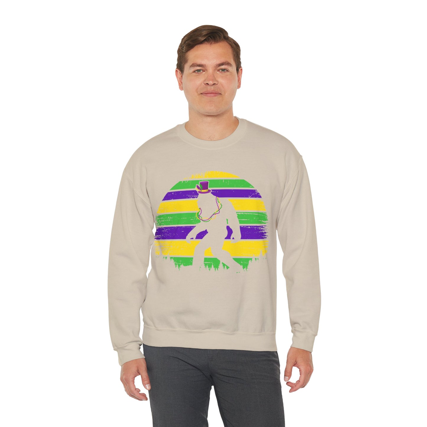 Mardi Gras Bigfoot Sasquatch on a Gildan Sweatshirt