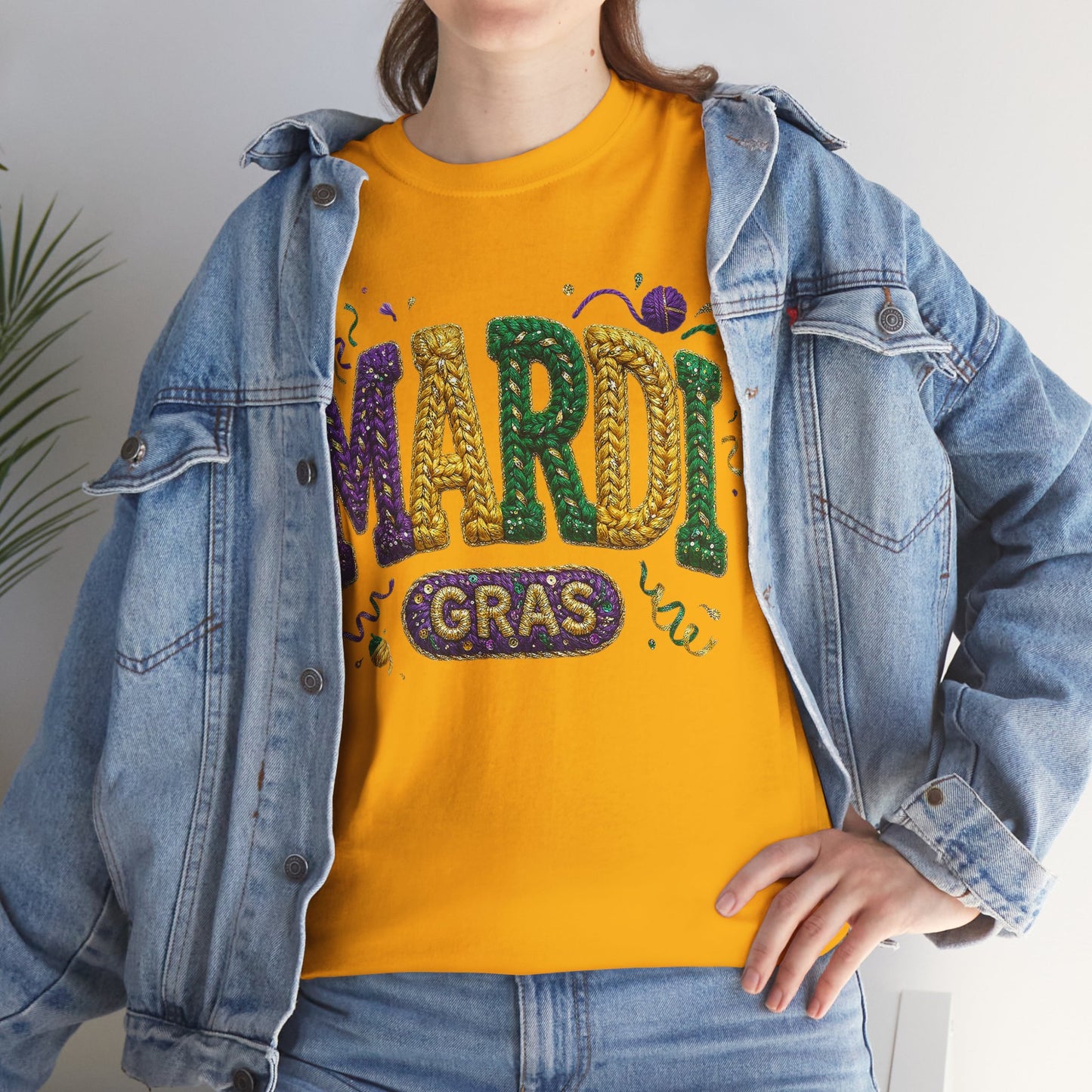 Mardi Gras Faux Yarn Design on a Gildan T-Shirt