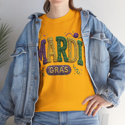 Mardi Gras Faux Yarn Design on a Gildan T-Shirt
