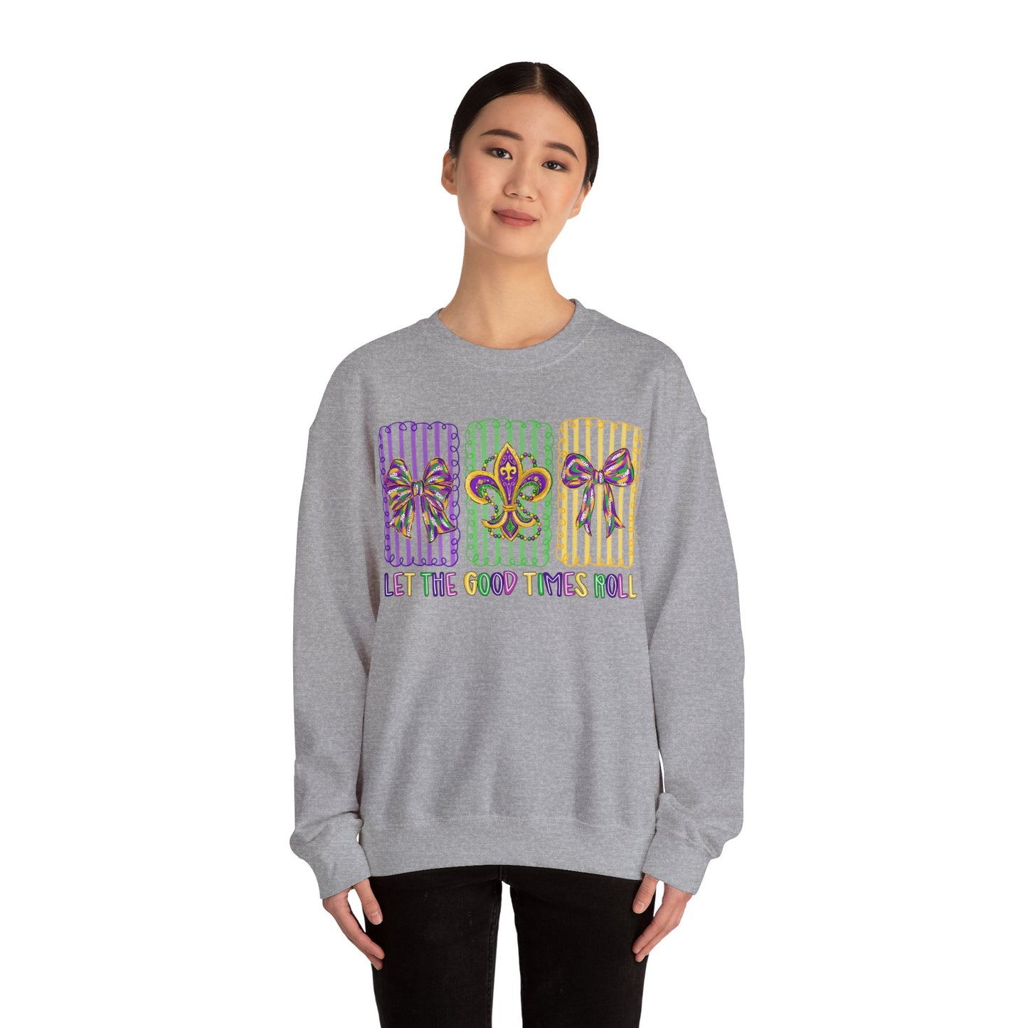 Mardi Gras Gildan Crewneck Sweatshirt – 'Let The Good Times Roll' Mask & Beads Design