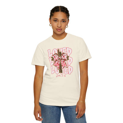 Loved Cross John 3:16 Christian T‑Shirt — Pink Ribbon Cross Graphic “Loved” on Comfort Color Shirt