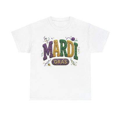 Mardi Gras Faux Yarn Design on a Gildan T-Shirt