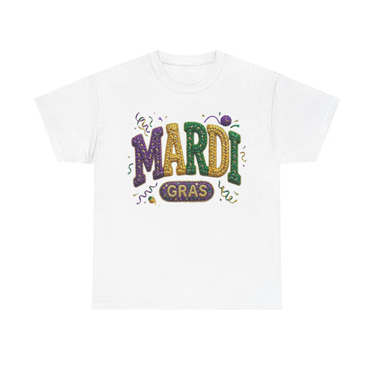 Mardi Gras Faux Yarn Design on a Gildan T-Shirt