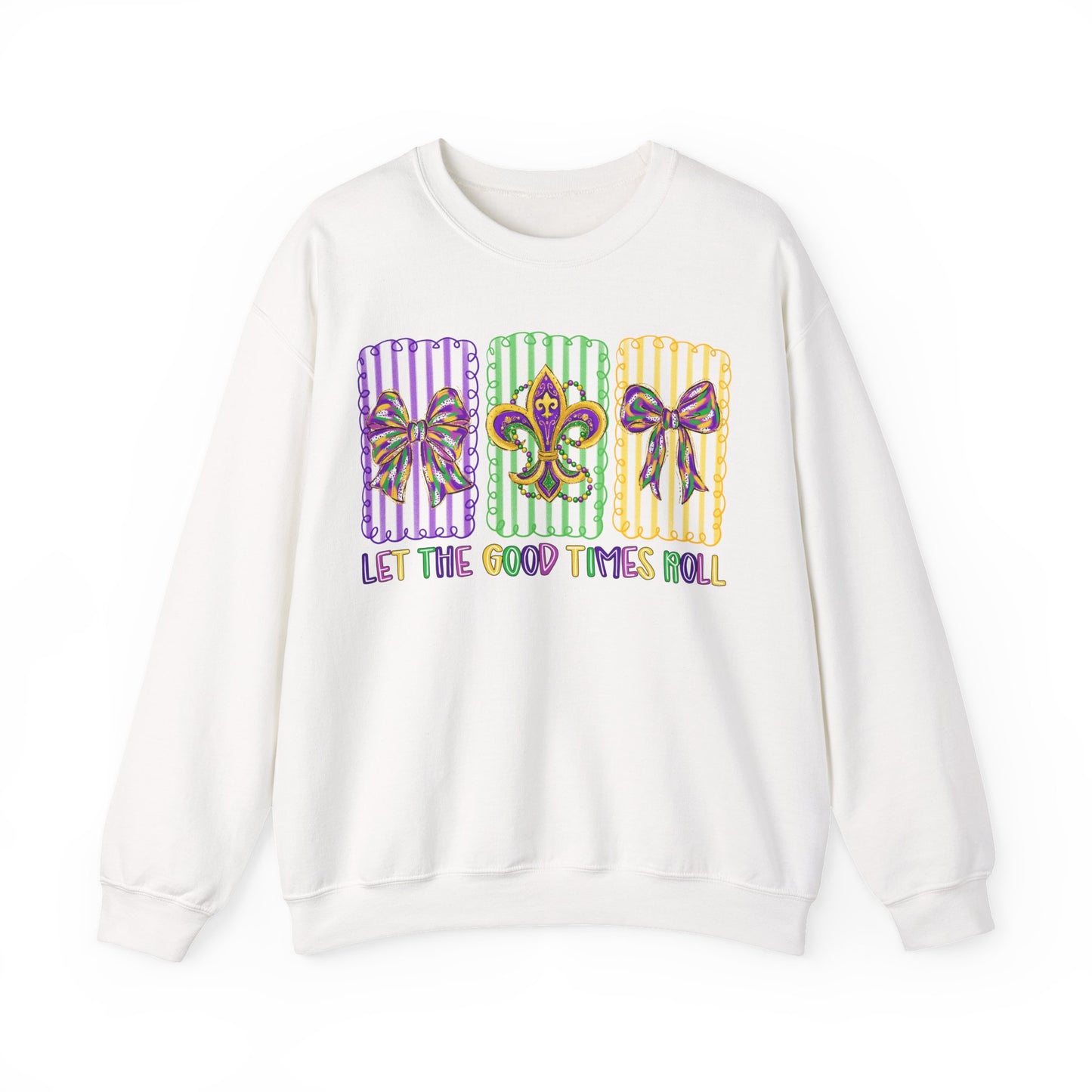 Mardi Gras Gildan Crewneck Sweatshirt – 'Let The Good Times Roll' Mask & Beads Design