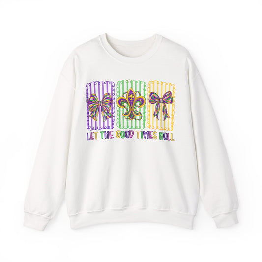Mardi Gras Gildan Crewneck Sweatshirt – 'Let The Good Times Roll' Mask & Beads Design