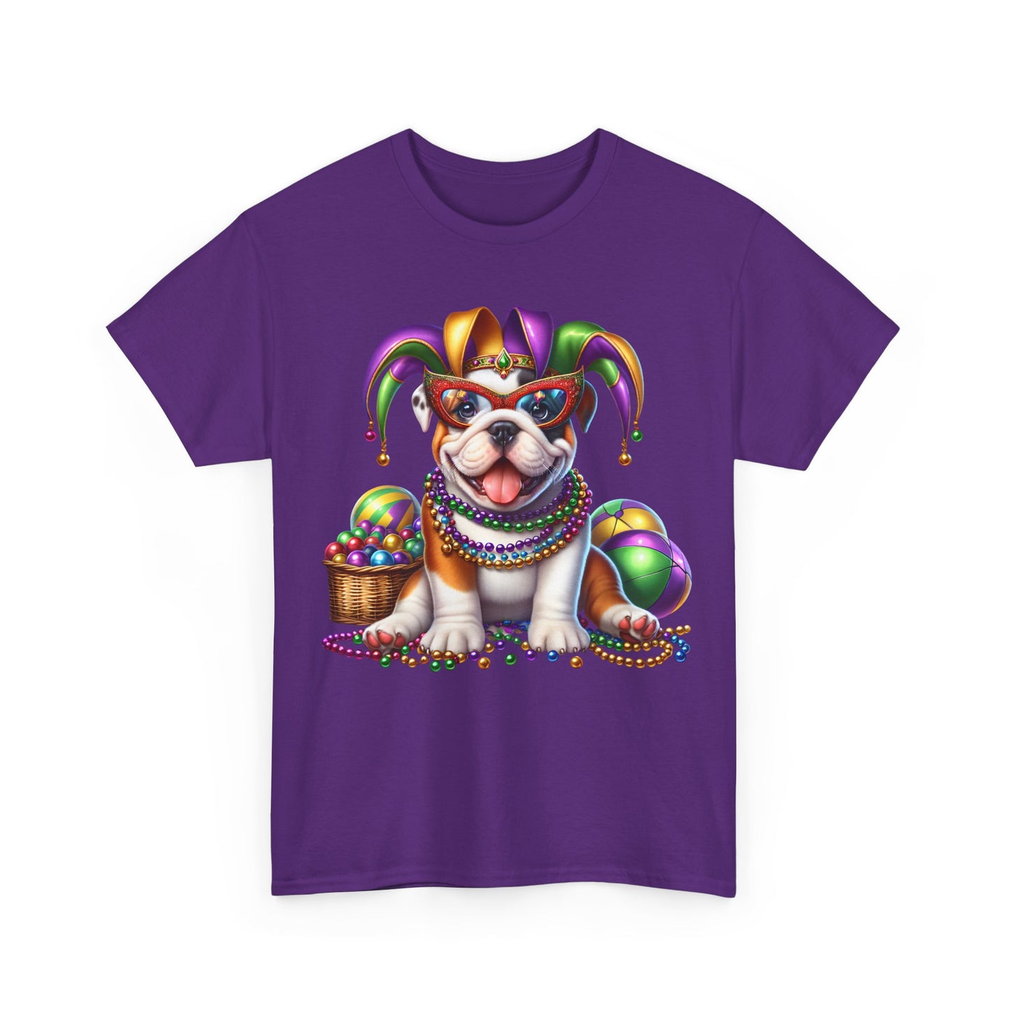 Mardi Gras Bulldog T-Shirt — Jester Dog with Beads & Masks on a Gildan Shirt