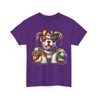 Mardi Gras Bulldog T-Shirt — Jester Dog with Beads & Masks on a Gildan Shirt