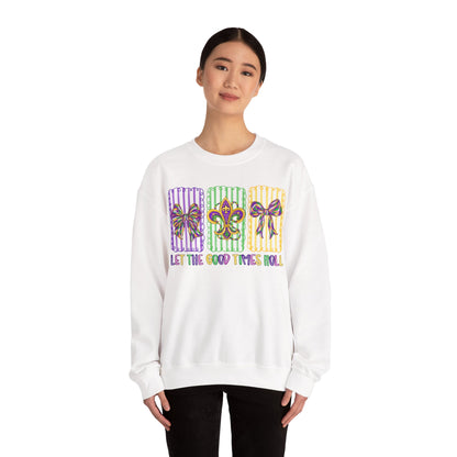 Mardi Gras Gildan Crewneck Sweatshirt – 'Let The Good Times Roll' Mask & Beads Design