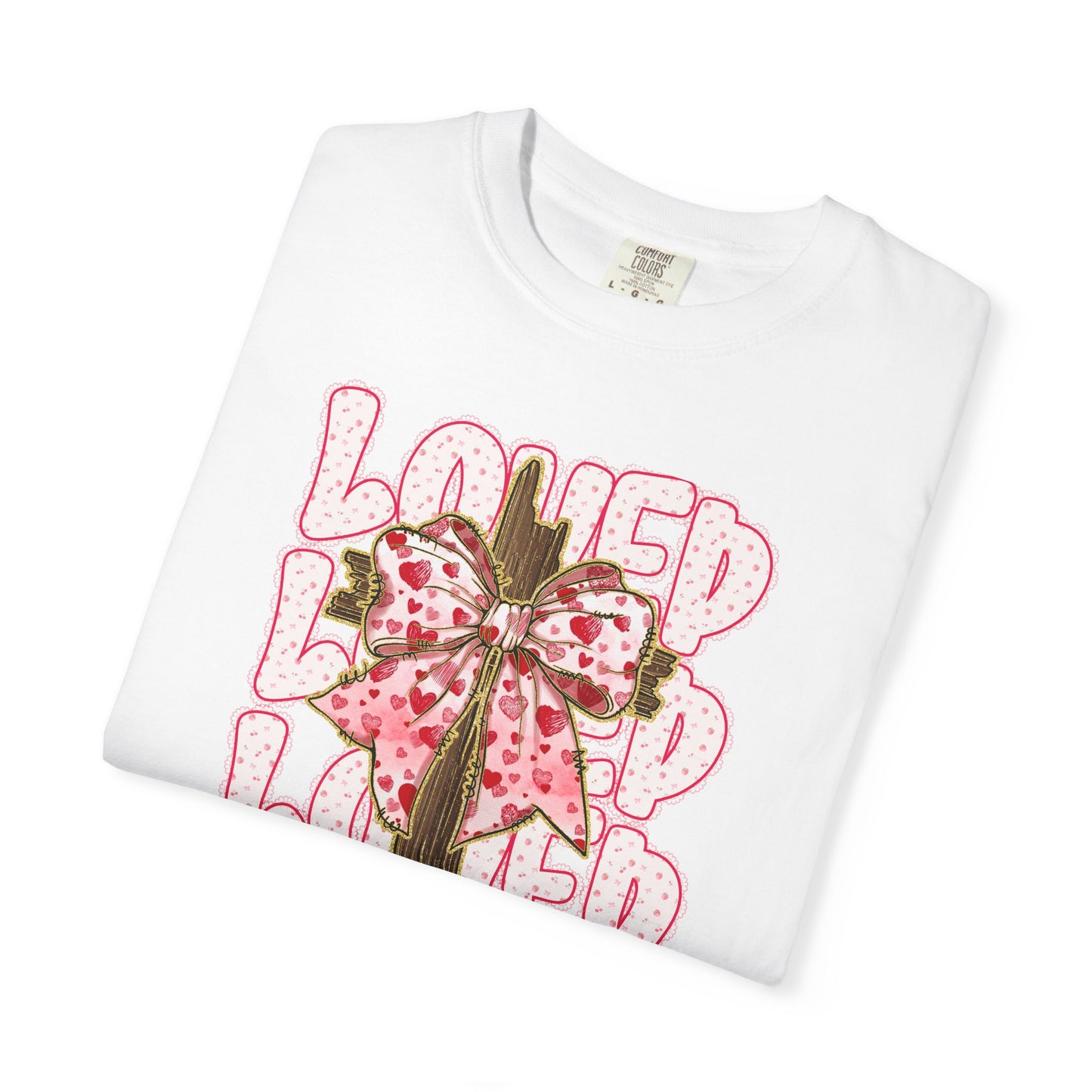 Loved Cross John 3:16 Christian T‑Shirt — Pink Ribbon Cross Graphic “Loved” on Comfort Color Shirt