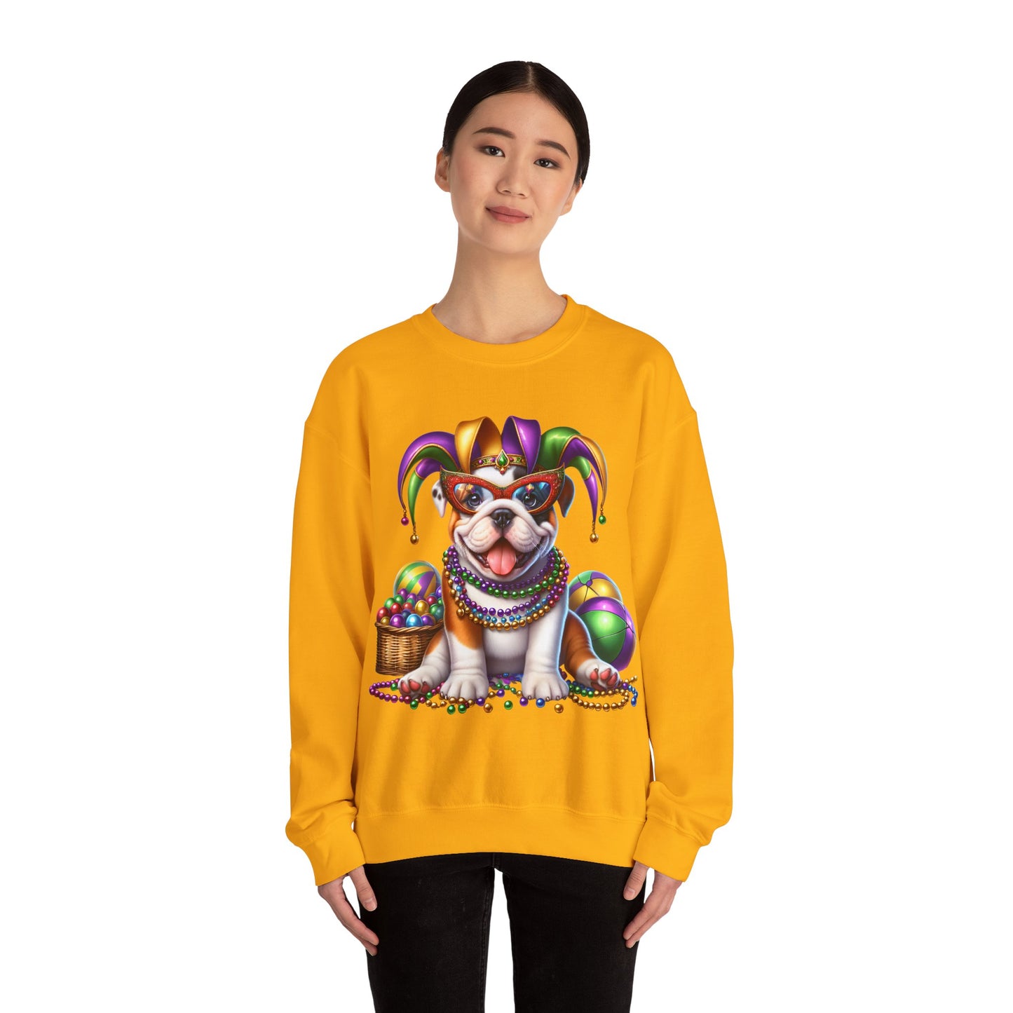 Mardi Gras Bulldog Sweatshirt — Jester Dog with Beads & Masks on a Gildan sweatshirt