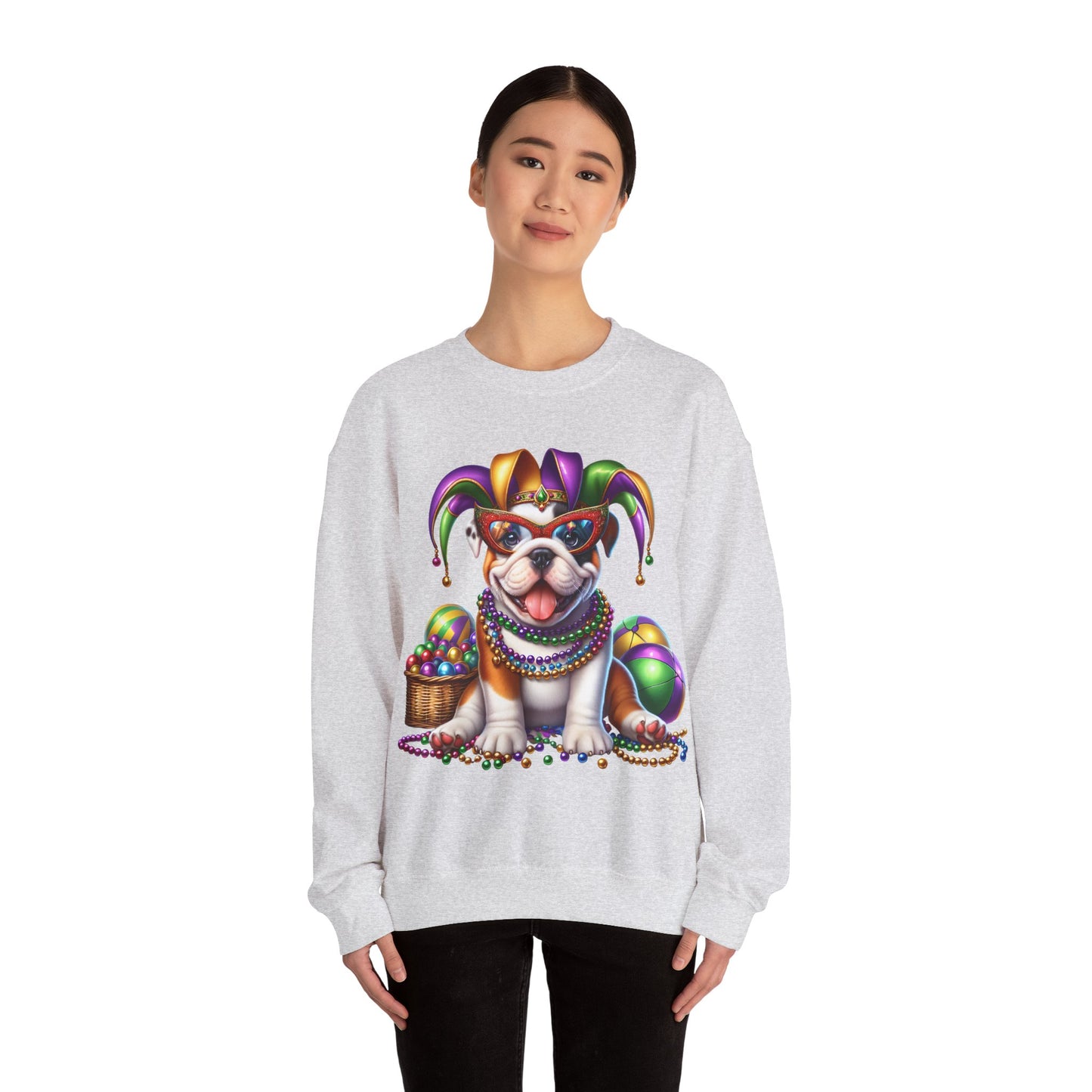 Mardi Gras Bulldog Sweatshirt — Jester Dog with Beads & Masks on a Gildan sweatshirt