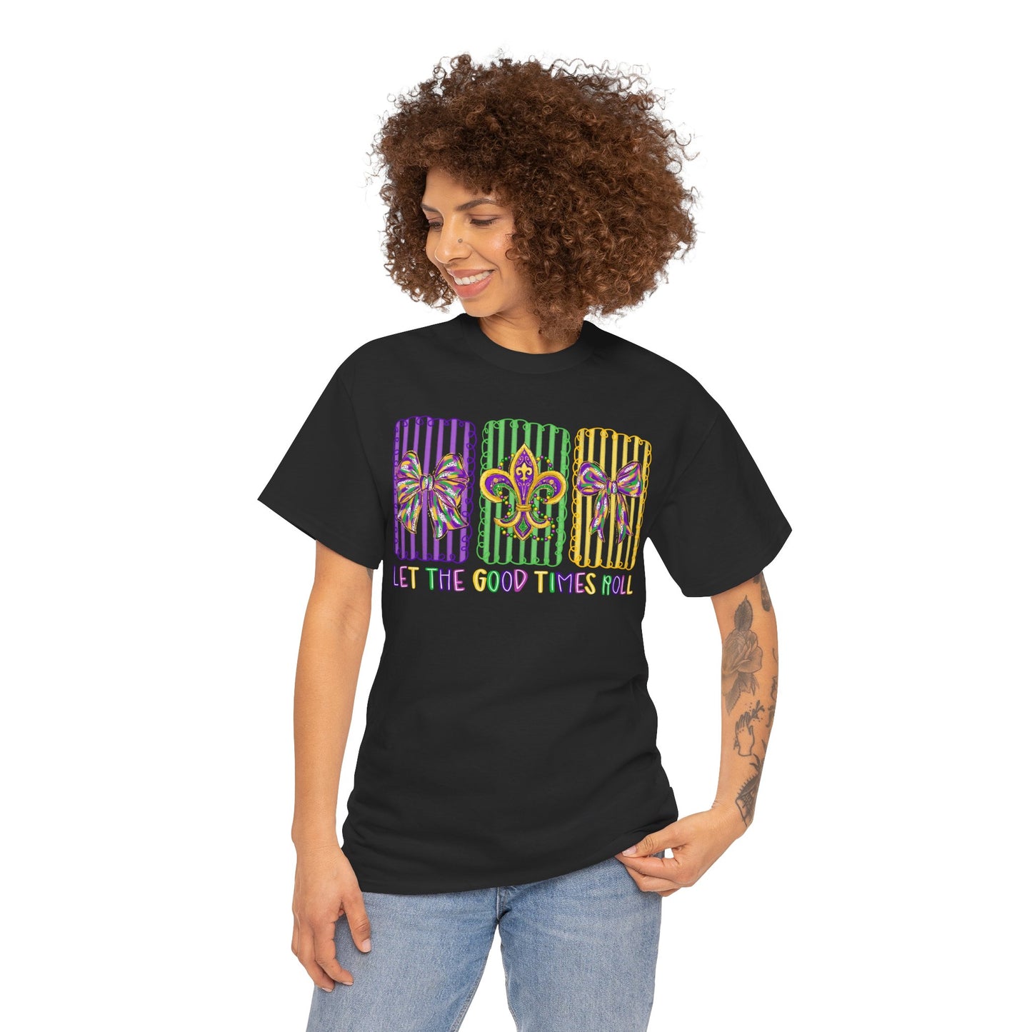 Mardi Gras Gildan T-Shirt – 'Let The Good Times Roll' Mask & Beads Design