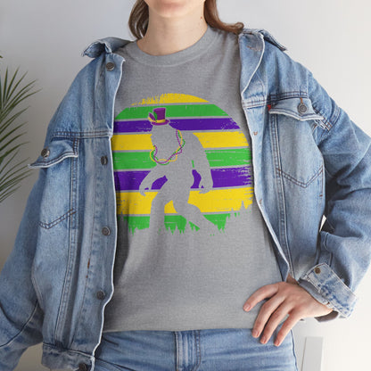 Mardi Gras Bigfoot Sasquatch on a Gildan T-Shirt