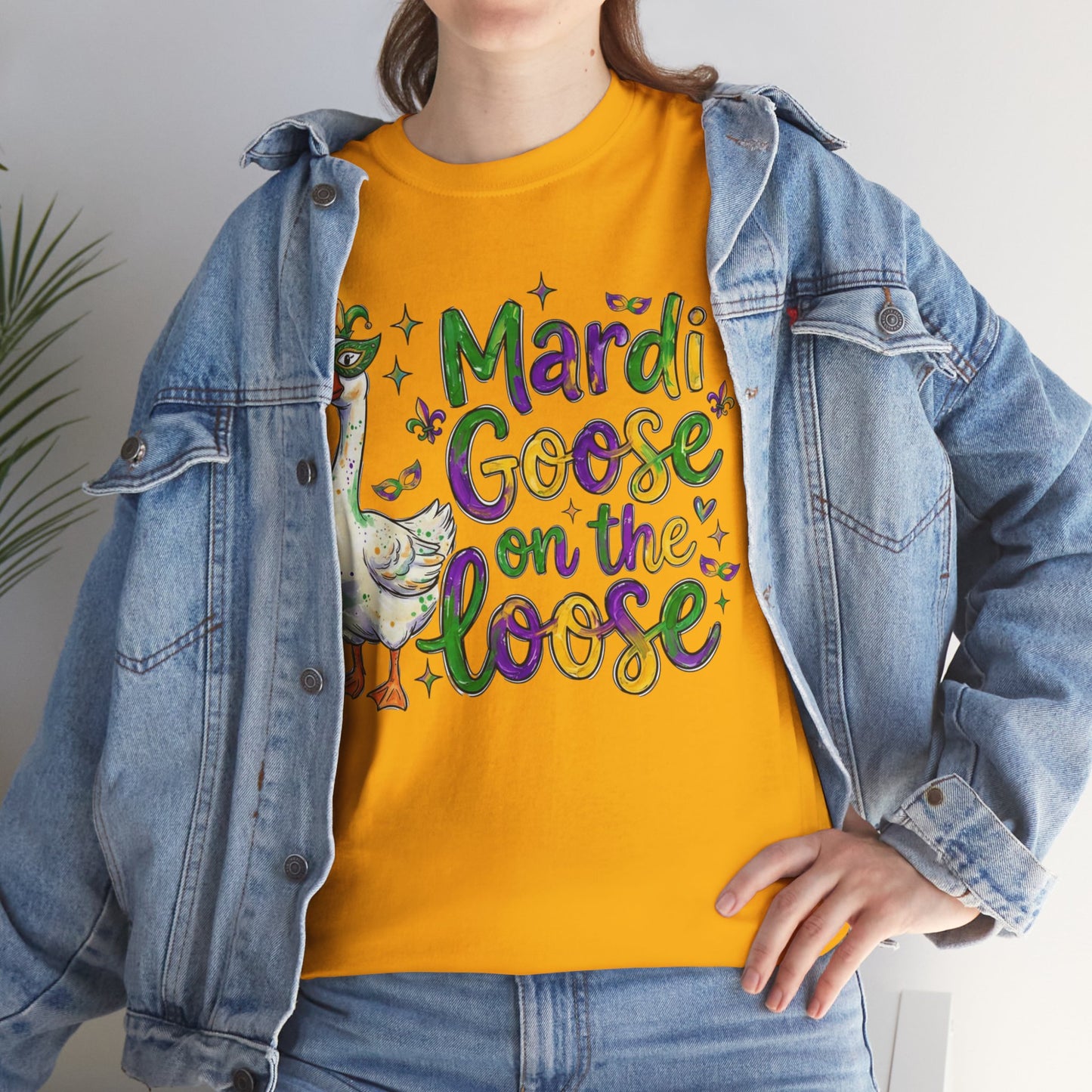 Mardi Gras Goose on the Loose Design on a Gildan T-Shirt
