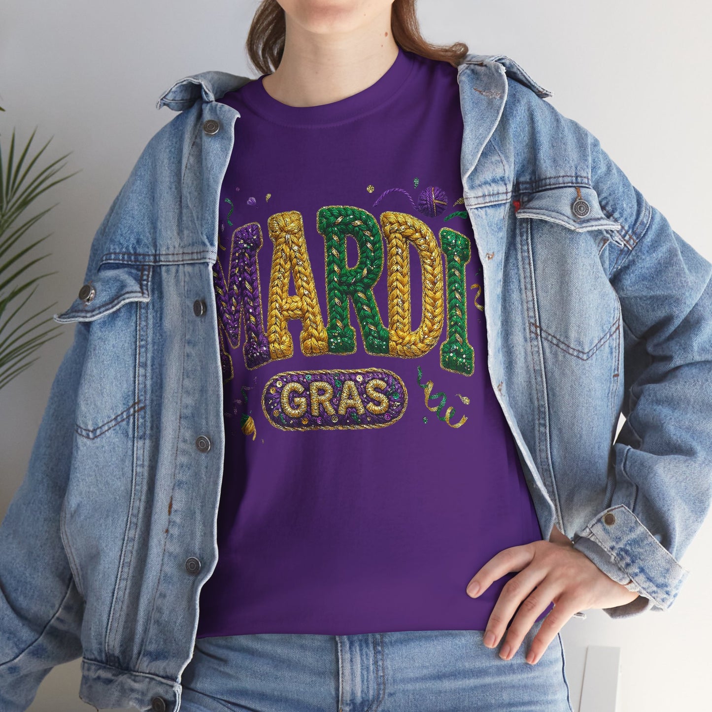Mardi Gras Faux Yarn Design on a Gildan T-Shirt