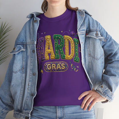 Mardi Gras Faux Yarn Design on a Gildan T-Shirt