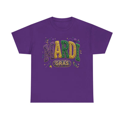 Mardi Gras Faux Yarn Design on a Gildan T-Shirt