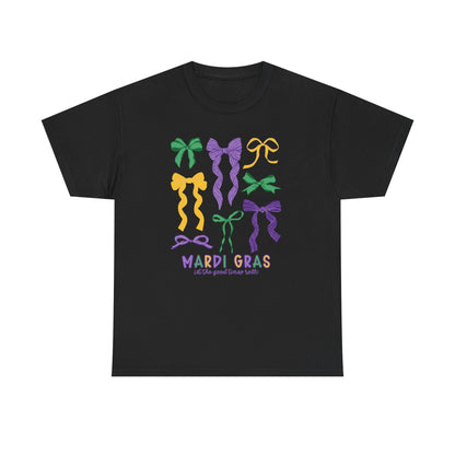 Mardi Gras Croquette Bow on a Gildan T-Shirt